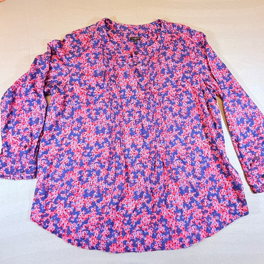 Talbots Woman 2X Blouse Pink Purple Floral Pintuck Cotton Button Down Top 2534